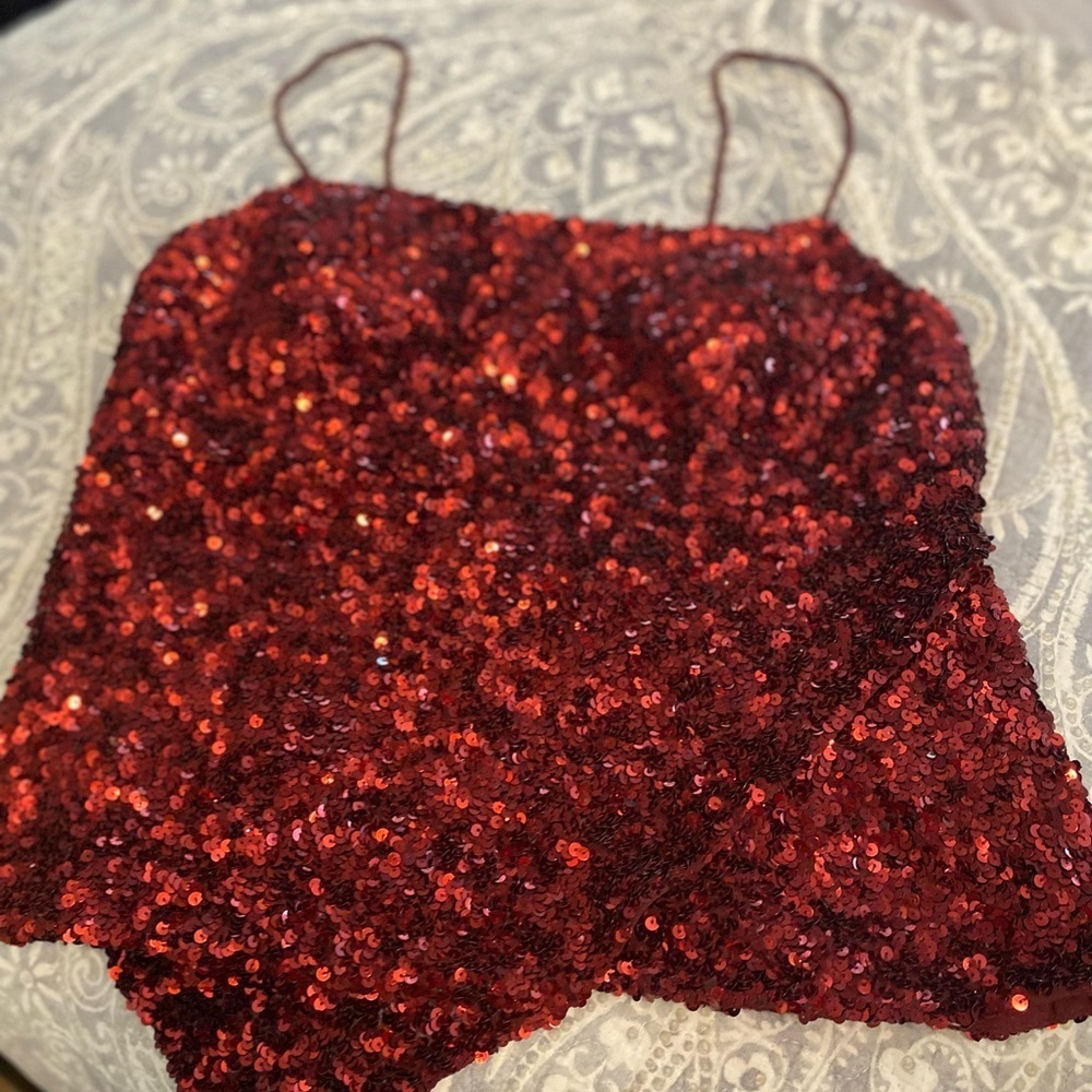 Vintage Y2K Cache Red Sequins Camisole Top Asymmetrical Silk Large Zipper Shiny
